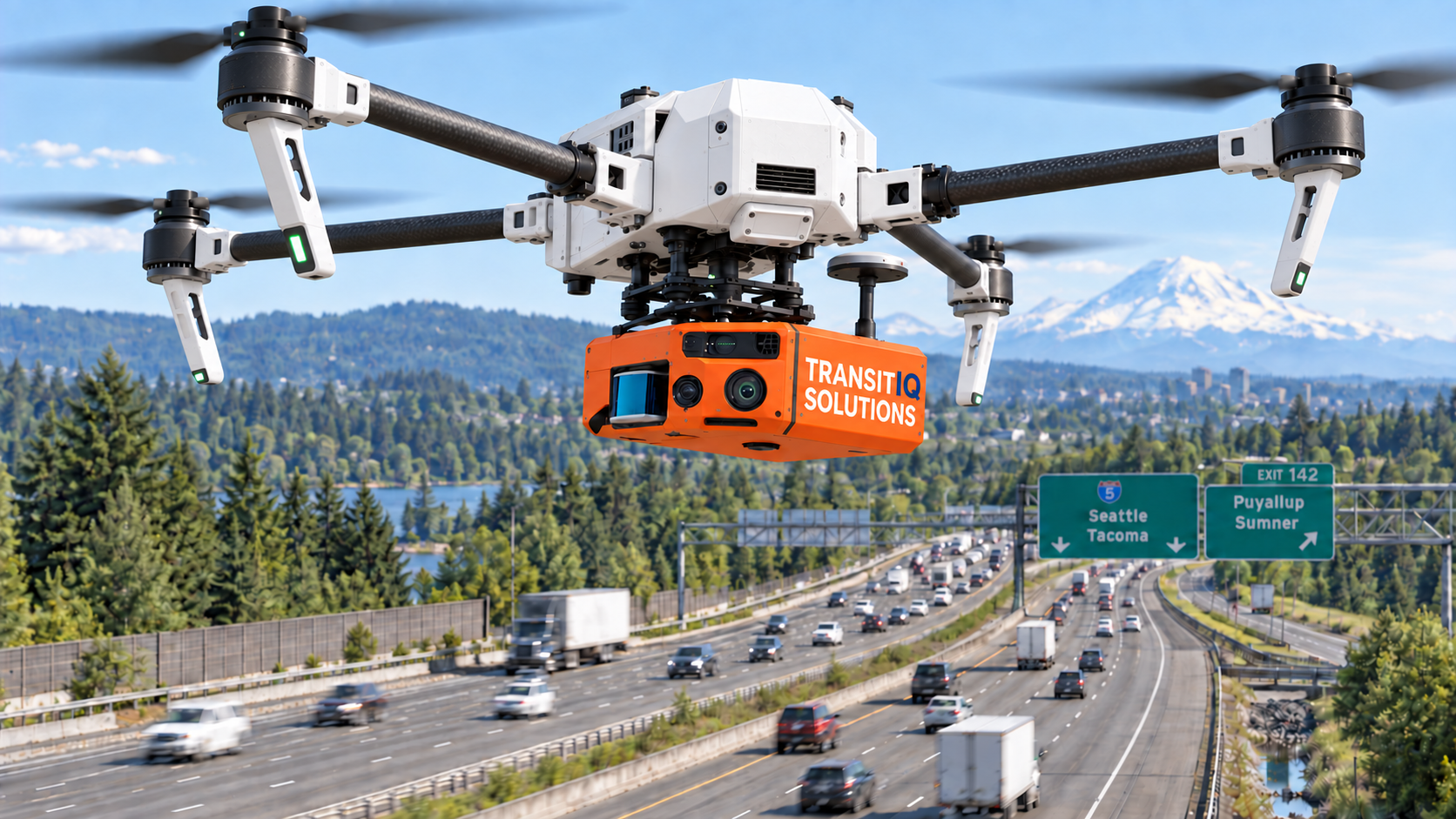 Conceptual TransitIQ aerial data-collection platform above a highway